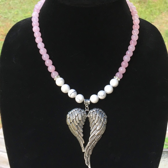 PeaceFrog Jewelry - Pink Rose Quartz White Howlite Angel Necklace